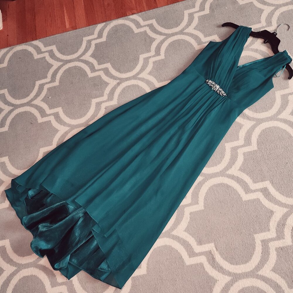 Eliza J Embellished High/Low Peacock Chiffon Dress Gown Maxi 4 Petite Lined